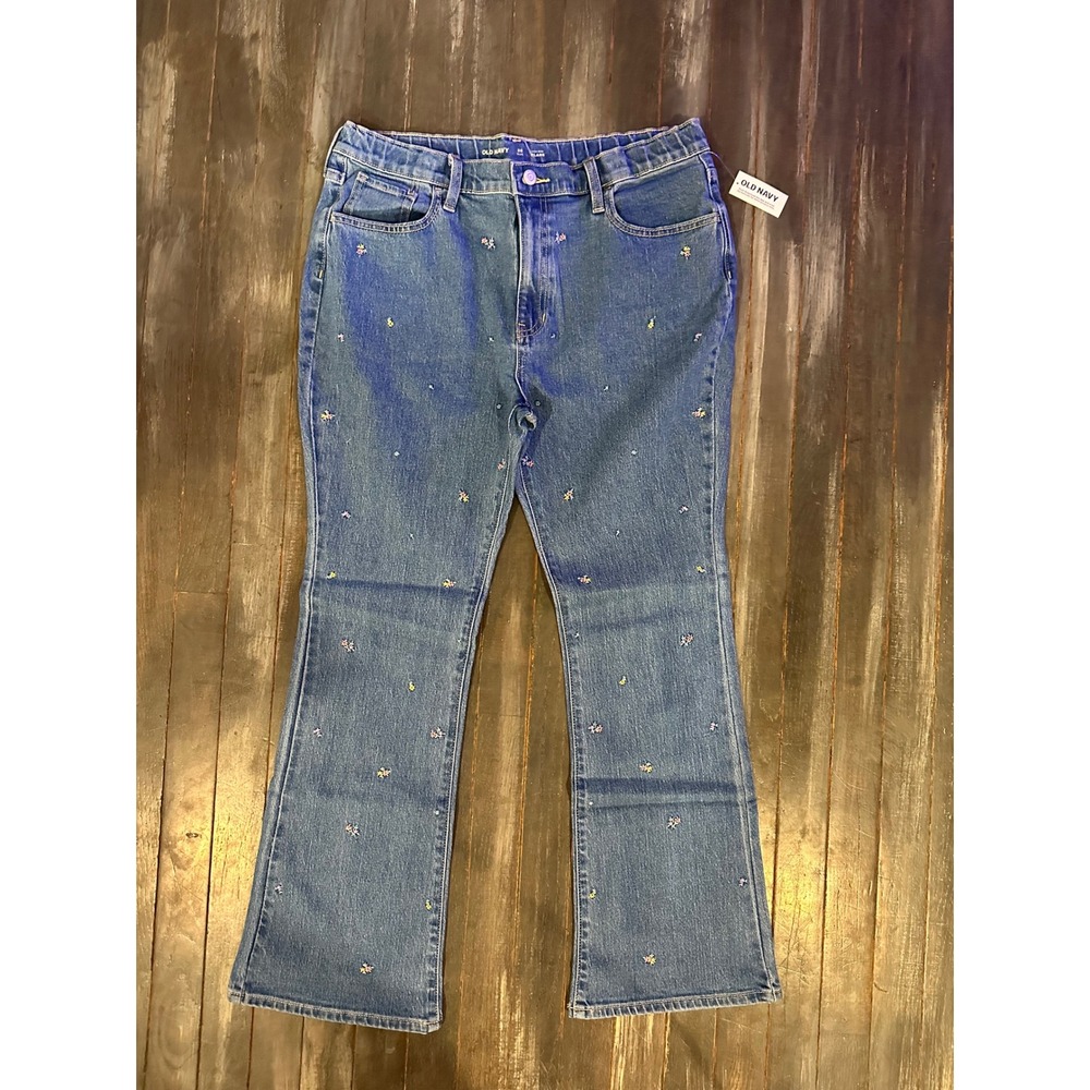Old Navy Girls Flare Jeans Medium Wash Embroidered Floral Denim 20 Plus NWT